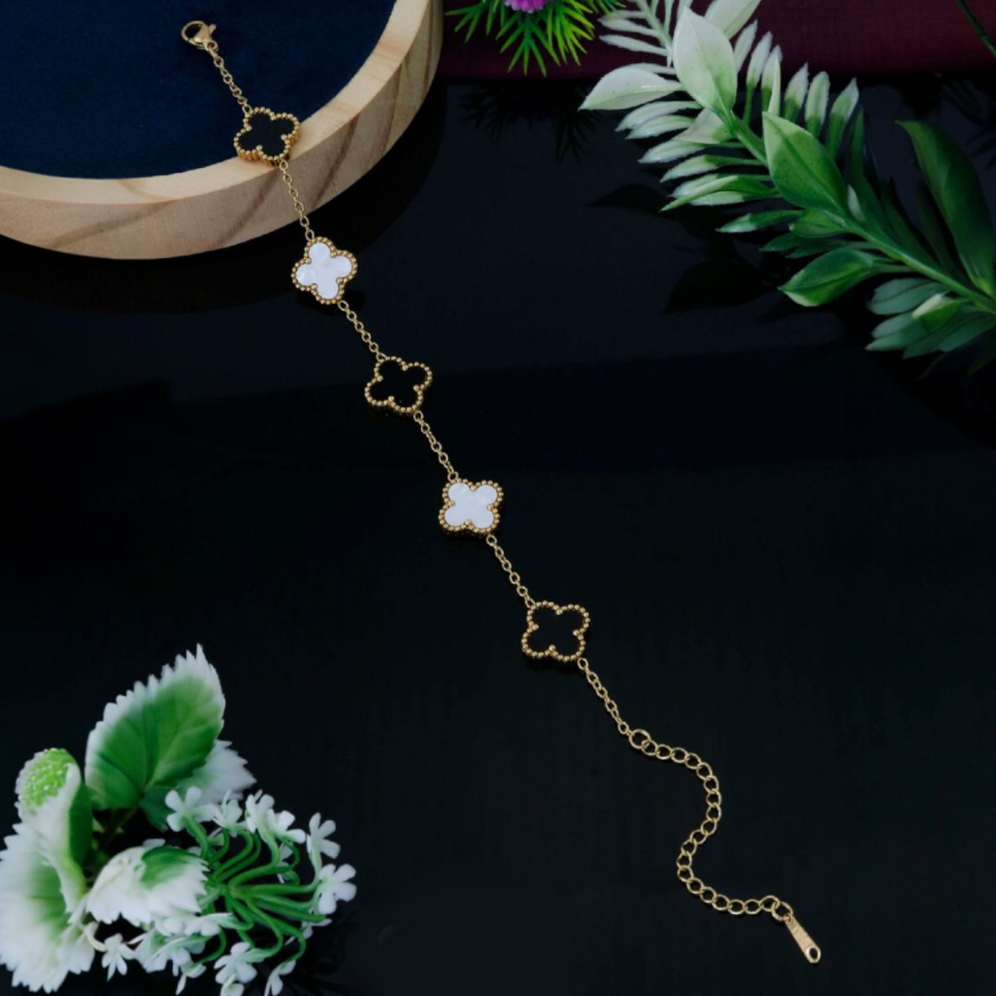 Trending Gold Plated Clover Bracelet (Black & White) - 1 Pc