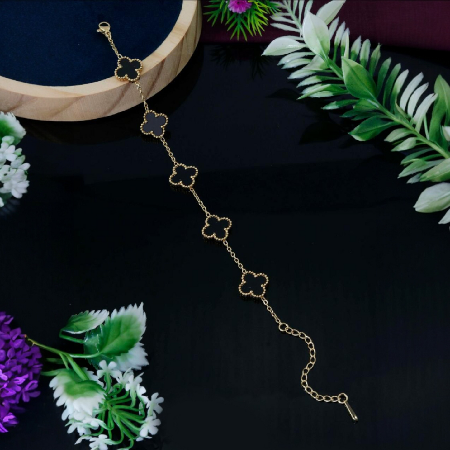Trending Gold Plated Clover Bracelet (Black)  - 1 Pc