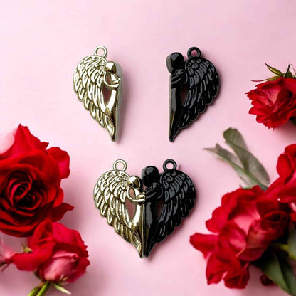 Couple Angel Silver and Black Heart Magnetic Charm